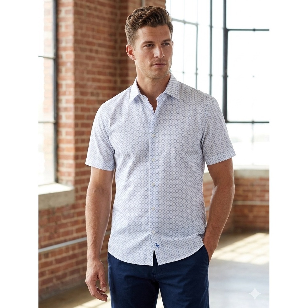 Tailorbyrd Mens Sz L White Blue Geometric Diamond Print Short Sleeve Button Down